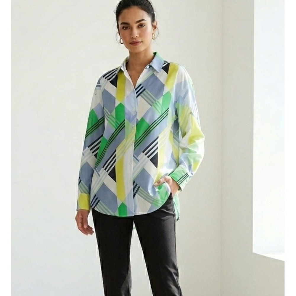 Karl Lagerfeld Paris M Art Deco Geometric Button Front Shirt Green Blue Yellow